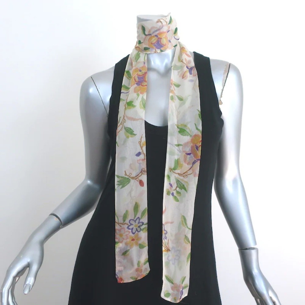 Christian Dior Skinny Scarf Cream Floral Print Chiffon Neck Tie - Picture 2 of 4